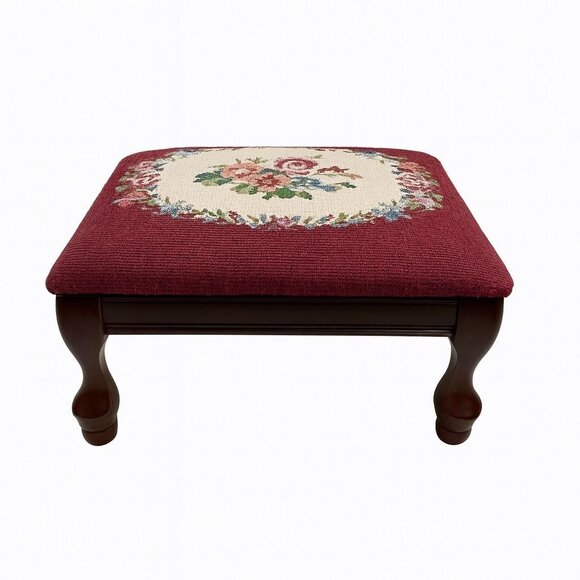 Mahogany Footstool Floral Needlepoint Cushion Foot Rest Vintage Flowers Burgandy - Picture 1 of 16